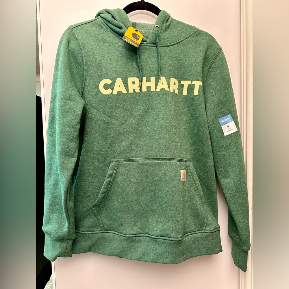 NEW womens Carhartt relaxed fit mid weight logo hoodie sweatshirt green Size M